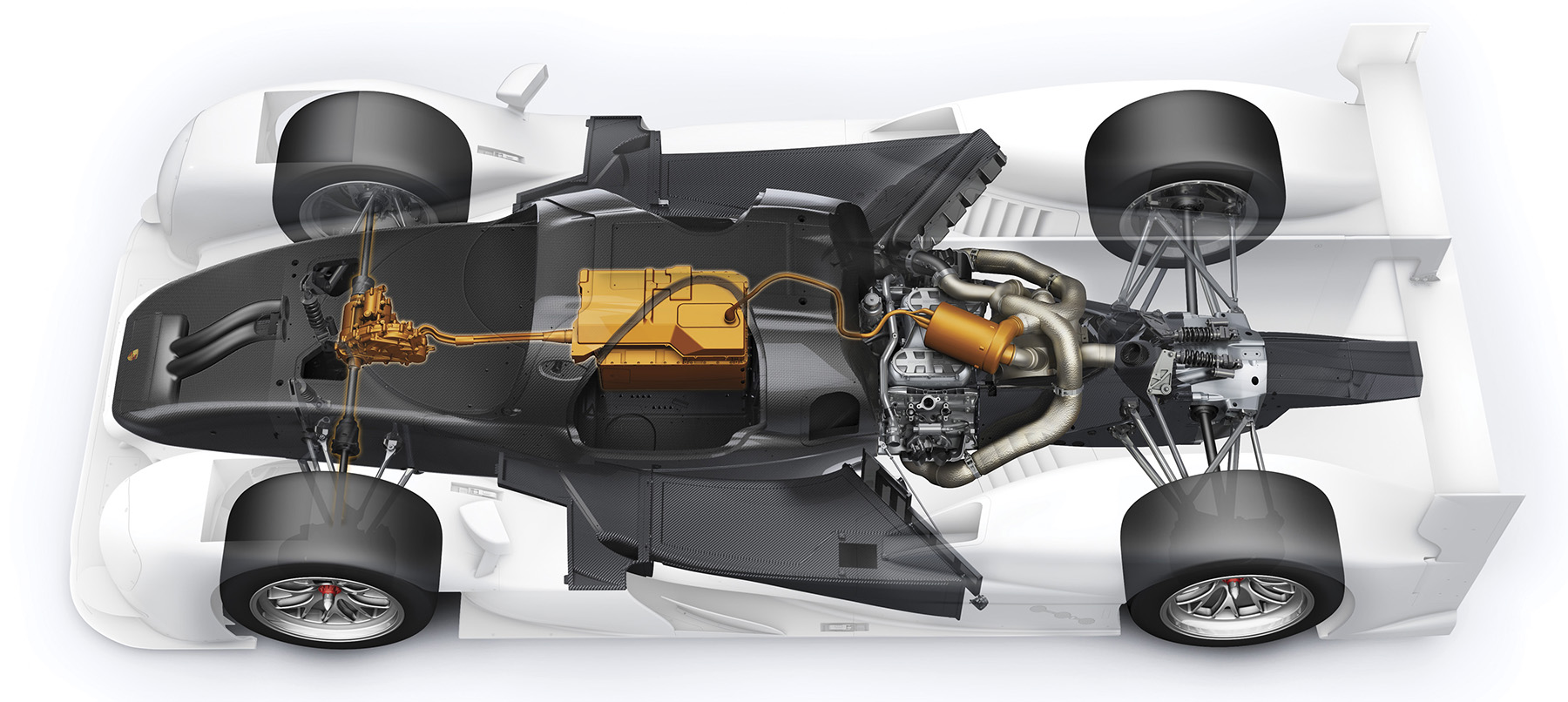 Der Hybrid-Antriebsstrang des Porsche 919 Hybrid. Der V4-Benzin-Direkteinspritzer mit Turboaufladung ist als Mittelmotor ins Chassis integriert. Die Batterien in der Fahrzeugmitte versorgen den Elektromotor an der Vorderachse mit Energie The hybrid powertrain of the Porsche 919 Hybrid. The V4 petrol engine with direct injection and turbocharging is integrated in the chassis as a mid-engine. The batteries at the centre of the vehicle supply the electric motor at the front axle with energy.