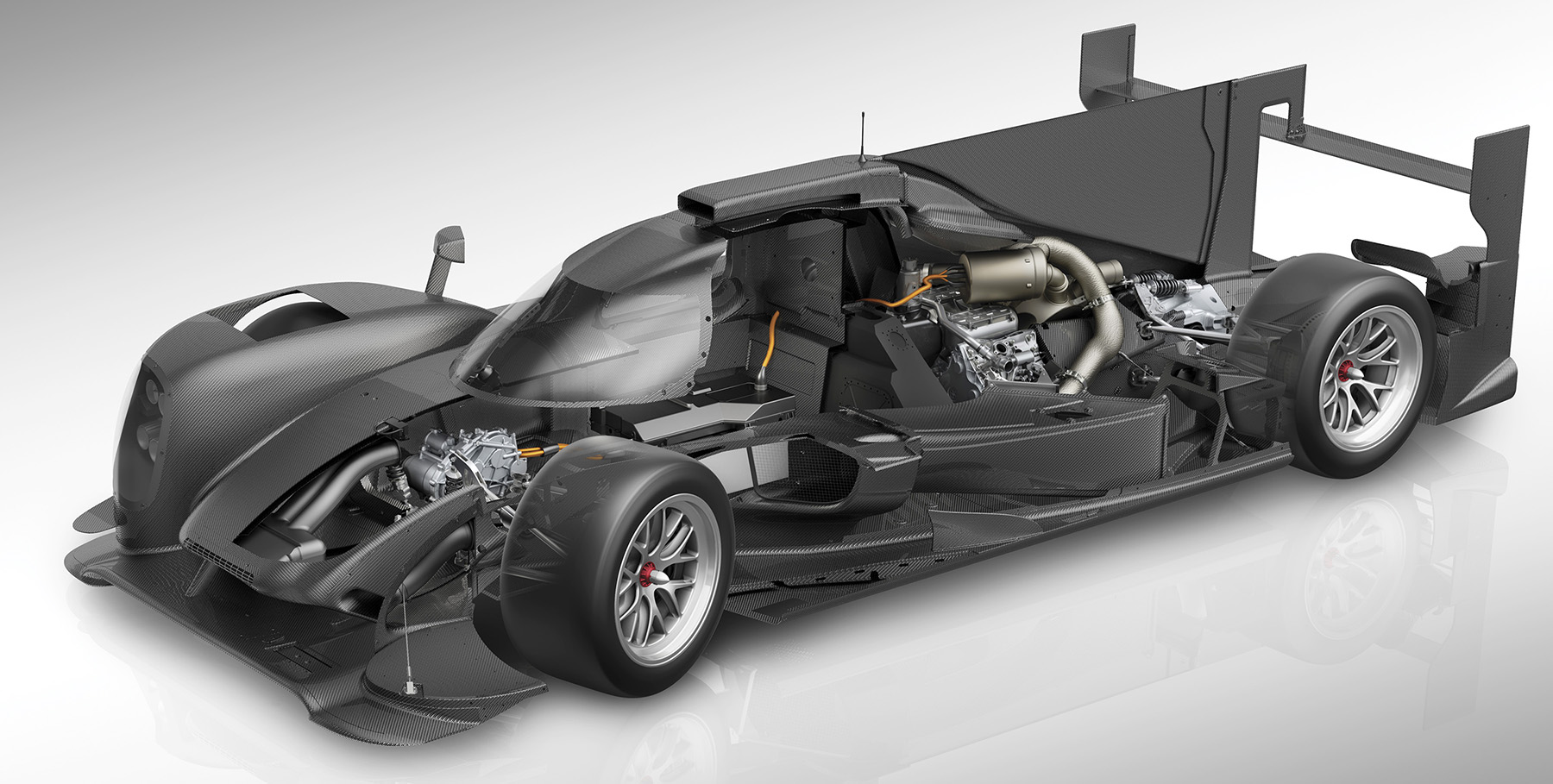 Den Porsche 919 Hybrid zeichnet extremer Leichtbau aus. Das Chassis und alle Karosserie-Bestandteile bestehen aus Kohlefaser. The Porsche 919 Hybrid is an example of extreme lightweight design. The chassis and all key body parts are made of carbon fibre.